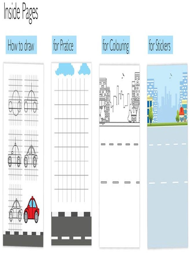 BRIJBASI Vehicles Easy to Draw Art and Craft Kit | 32 Colouring Pages, Stickers and 12 Colour Pencils | Drawing Book for Kids - Image 4